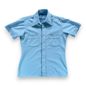 Vintage Arrow Disco Shirt Adult MEDIUM Blue Crepe Polyester Contrast Stitch 70s